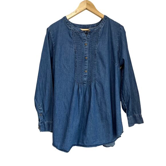 J.Jill Denim Tunic Top XL 100% Cotton Long Sleeve Pintuck Chambray Blouse - Picture 2 of 8